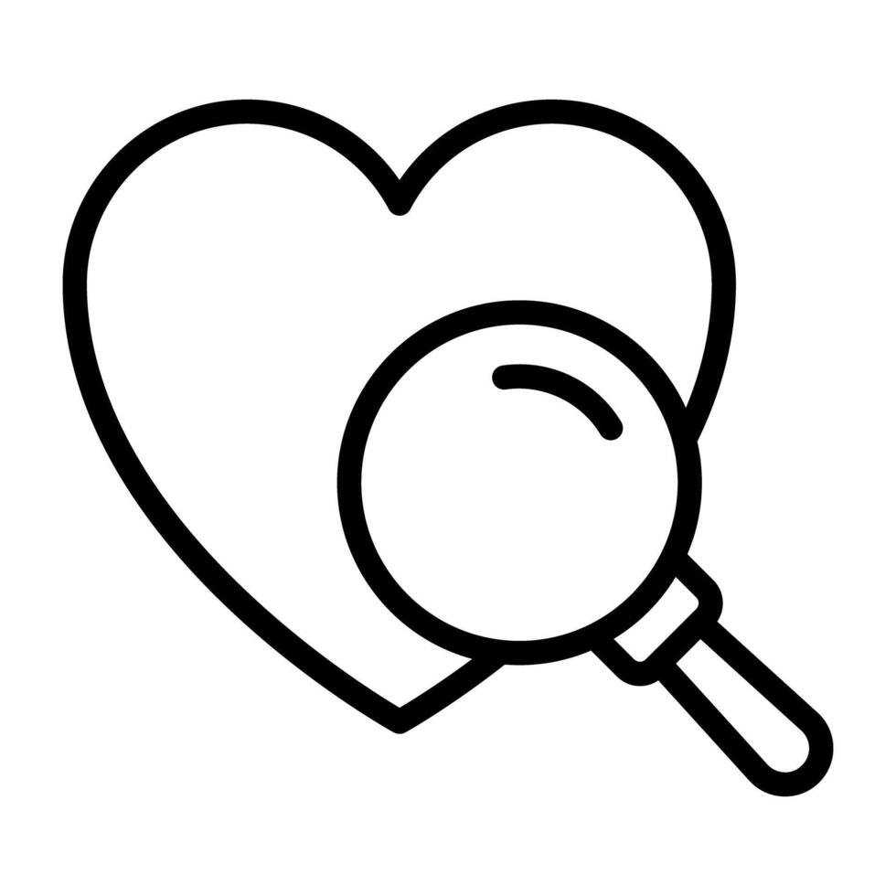 Heart under magnifying glass, find love icon vector