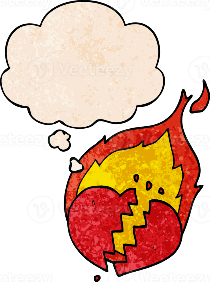 cartoon flaming heart with thought bubble in grunge texture style png