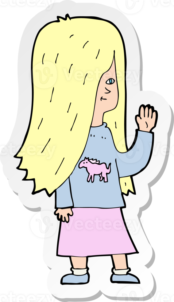 sticker of a cartoon girl with pony shirt waving png