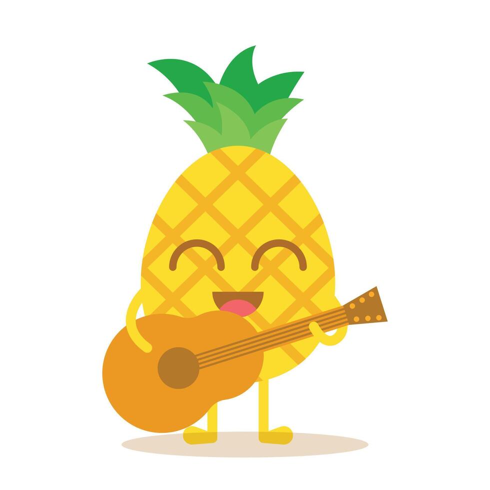 Cute Pineapple Fruit Character Playing Guitar. Vector Illustration Of Fruits Isolated On White Background.