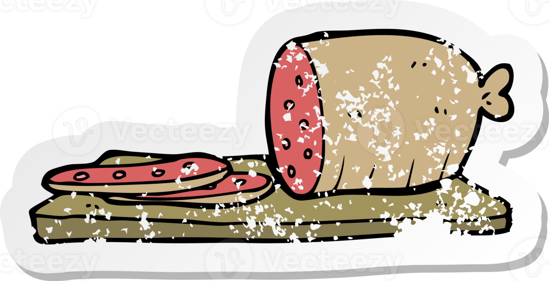 retro distressed sticker of a cartoon sliced sausage png