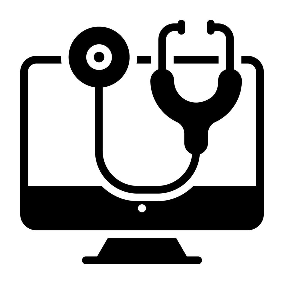 Stethoscope inside monitor, online check up icon vector