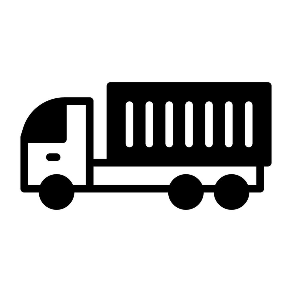 Cargo truck having parcel on it, goods delivery van solid editable stroke vector
