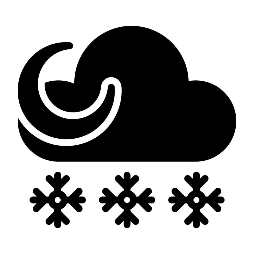 Snowflakes falling from cloud with moon denoting snowy night icon vector