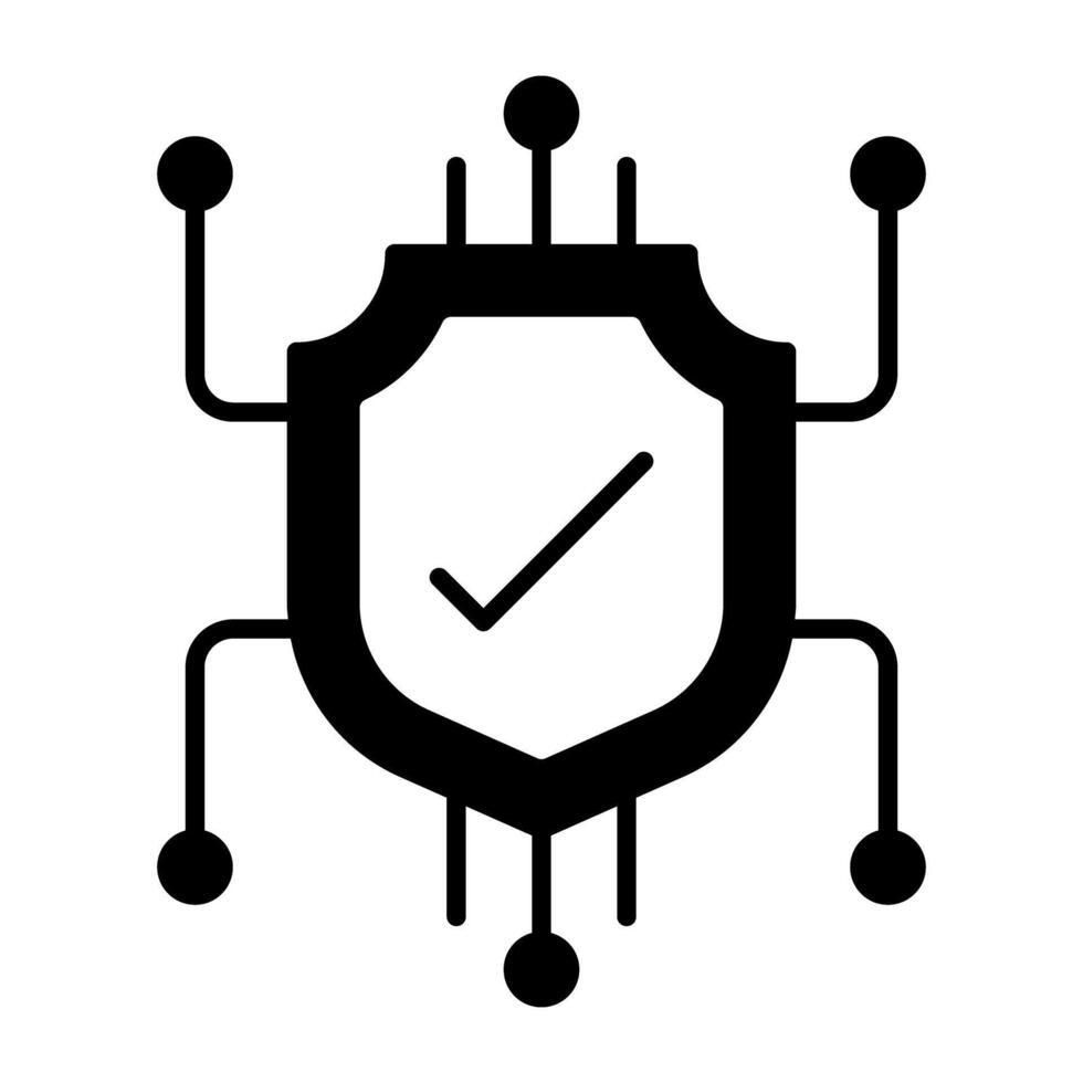 Nodes with shield, solid design of network security icon vector