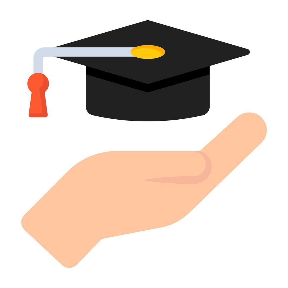 Mortboard on hand, academic care icon vector