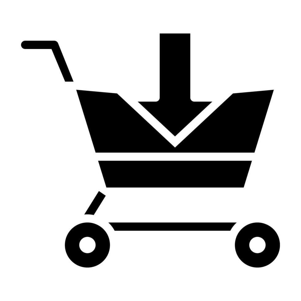 Add to cart icon, solid design of trolley with downward arrow vector