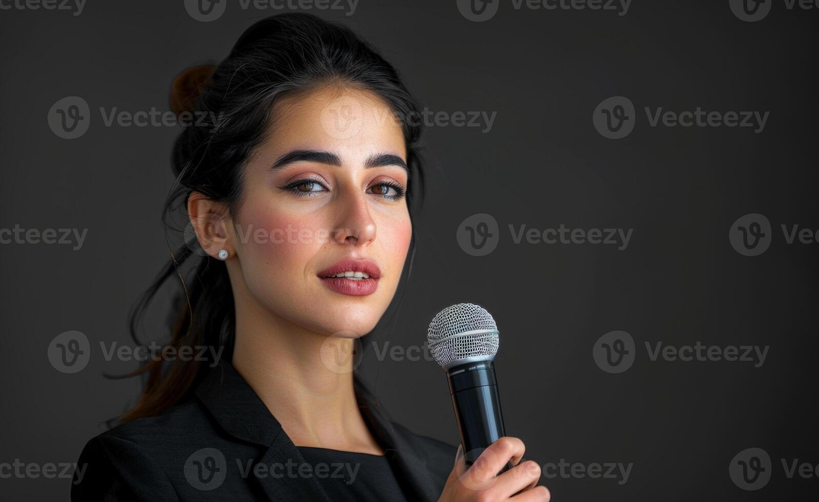 AI generated Young executive leader giving speech with microphone in front, labour day photo