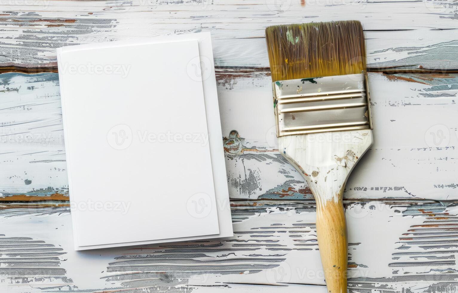 AI generated Paintbrush and papers on wooden background, creative world art pic photo