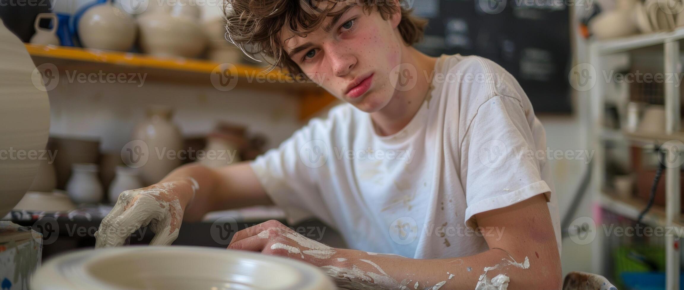 AI generated A young man shaping clay on a pottery wheel in a workshop, celebrate artistic day photo