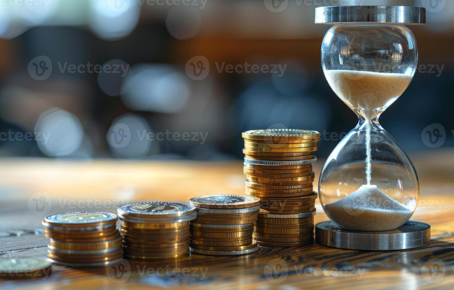 AI generated Hourglass next to stack of coins symbolizing time and money, world inflation image photo