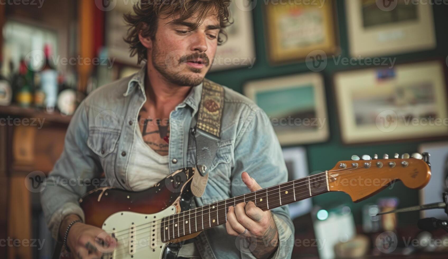 AI generated A man playing music on his guitar with passion and joy, world art day image photo