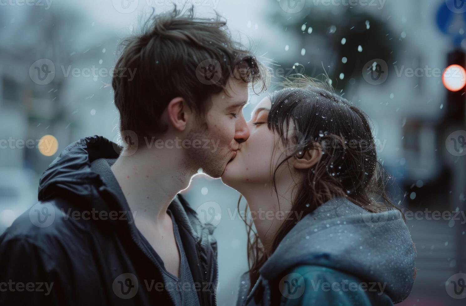 AI generated Young man and woman kissing outdoors in the rain, pure connection photo
