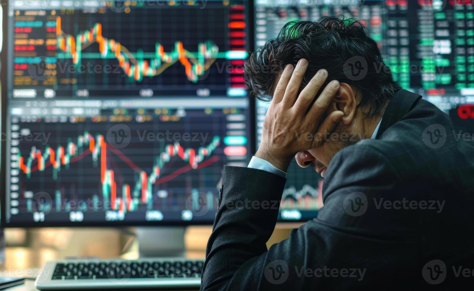 AI generated A businessman holds his head in front of a stock market computer screen, current inflation design photo
