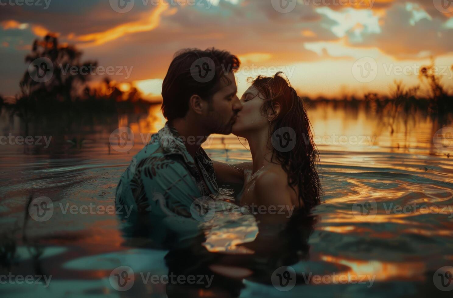 AI generated Couple kissing through water at sunset, sweet kiss photo