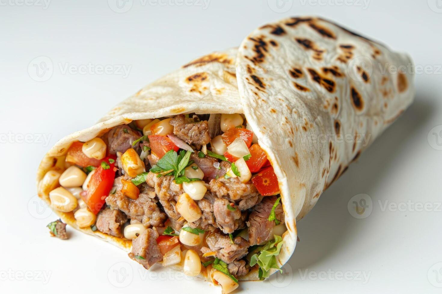 AI generated A burrito with meat and vegetables on a white background, traditional mexican food pic photo