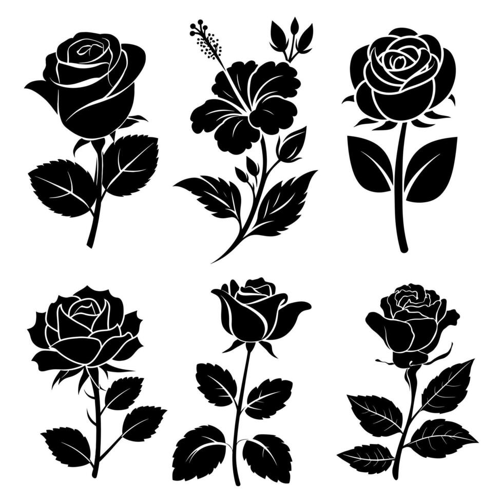 Vector Flower icon illustration. Set of decorative rose silhouettes with leaves