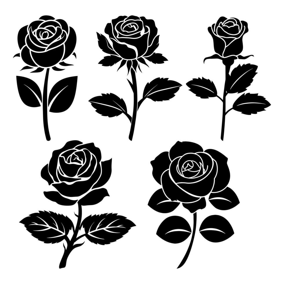 Vector Flower icon illustration. Set of decorative rose silhouettes with leaves