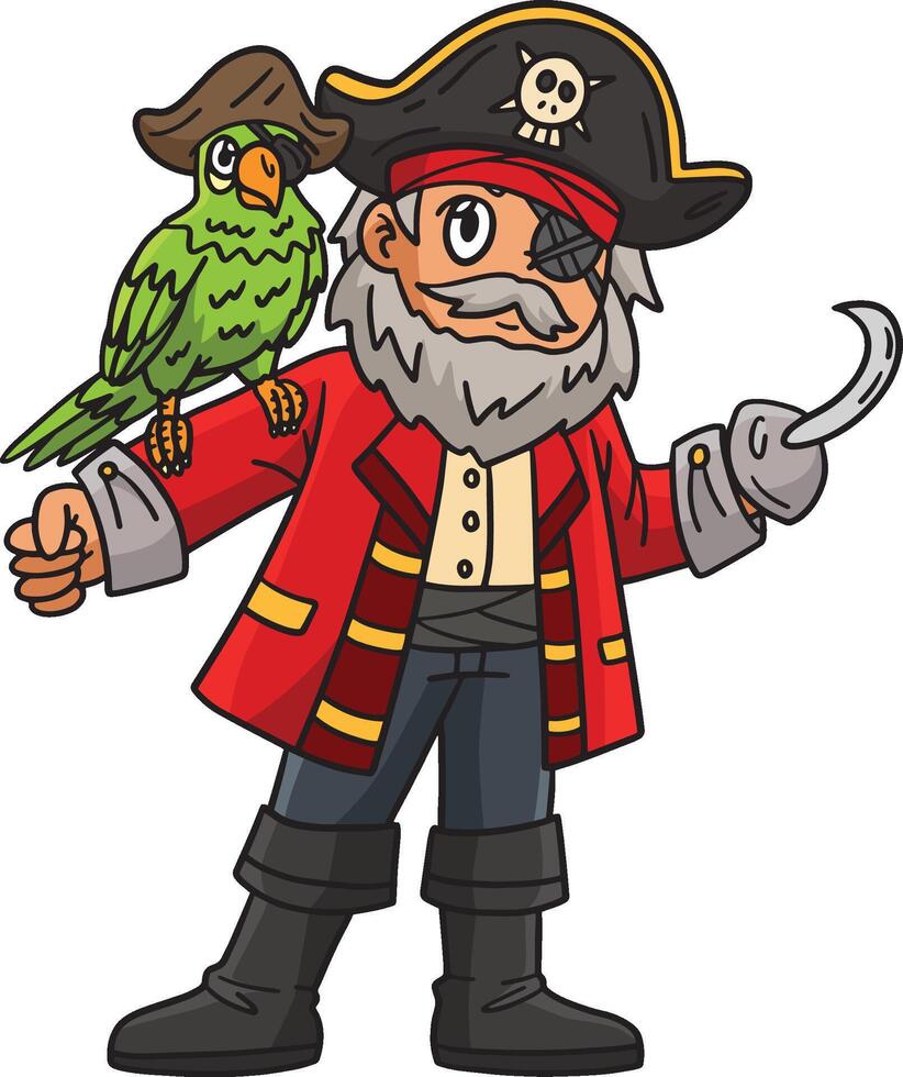 Pirate Captain with Parrot Cartoon Colored Clipart vector