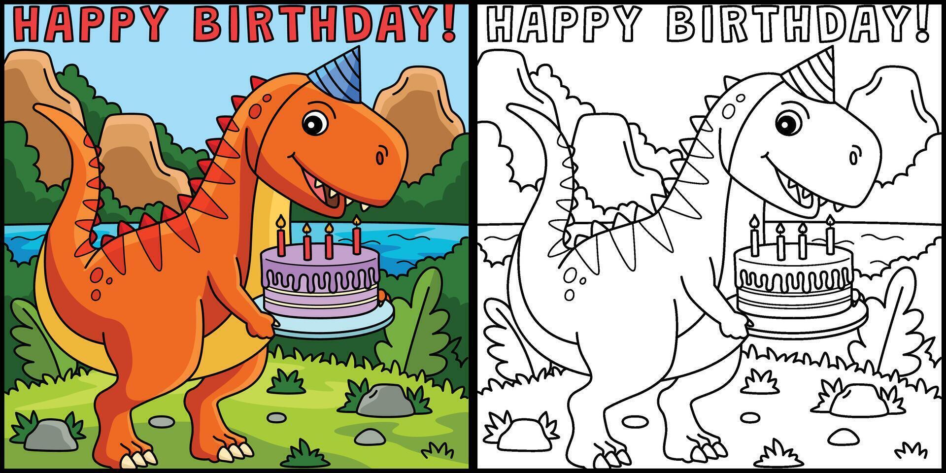 T Rex with Happy Birthday Coloring Illustration vector