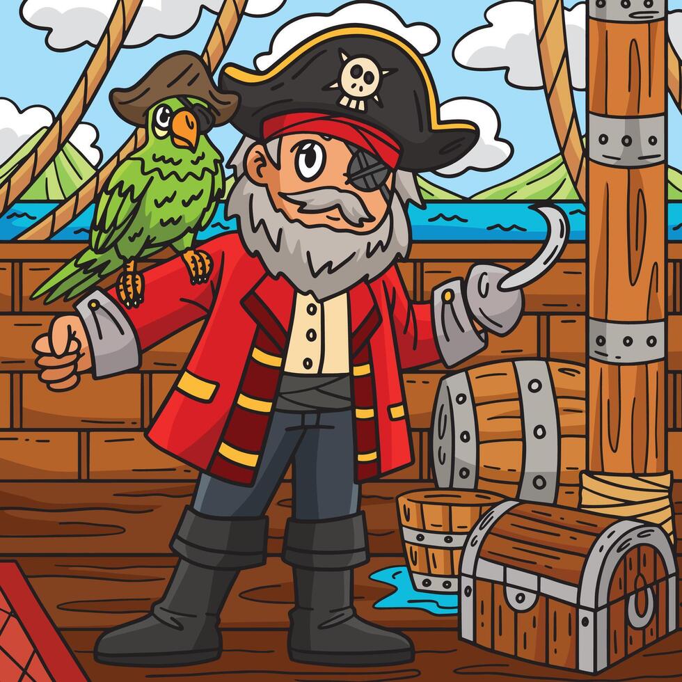 pirata capitán con loro de colores dibujos animados vector