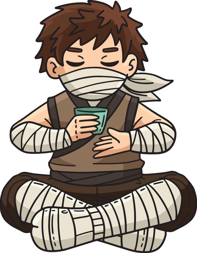 Ninja Drinking Tea Cartoon Colored Clipart vector