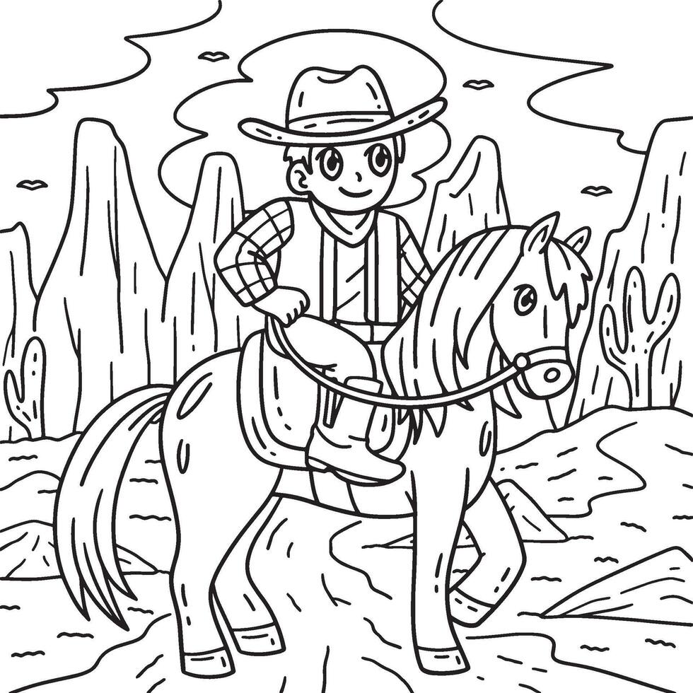 vaquero montando un caballo colorante página para niños vector