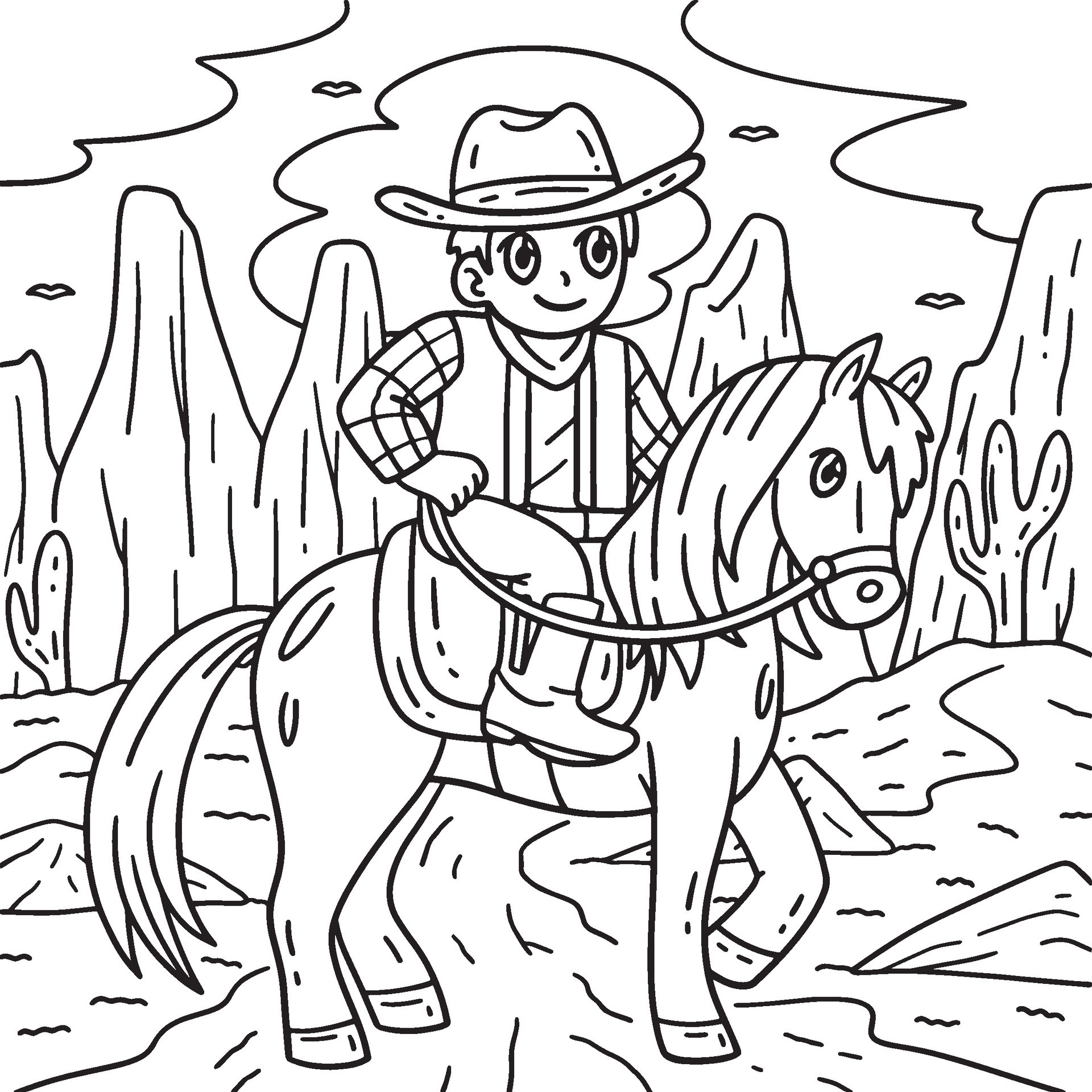 Cowboy Riding a Horse Coloring Page for Kids 40210986 Vector Art at
