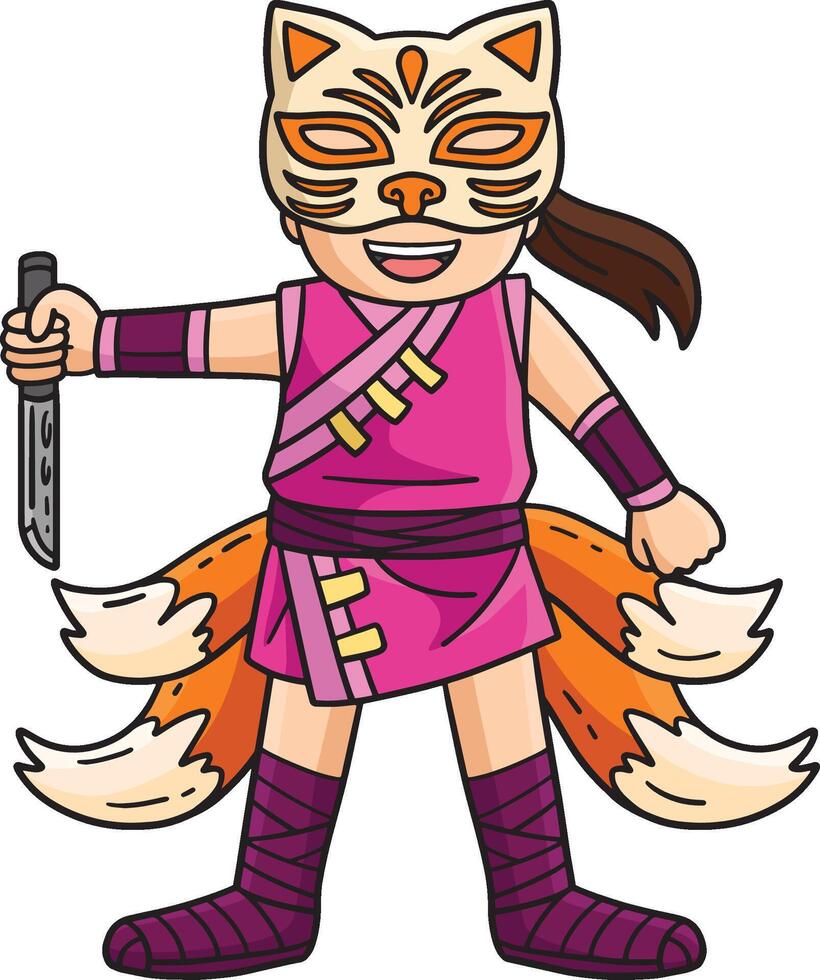 Ninja with Kitsune Mask and Tail Cartoon Clipart vector