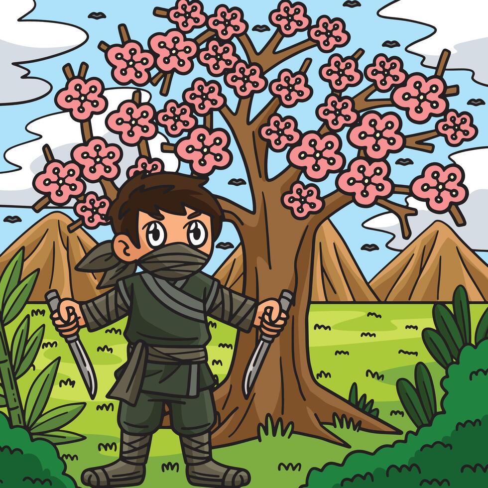 ninja debajo el sakura árbol de colores dibujos animados vector