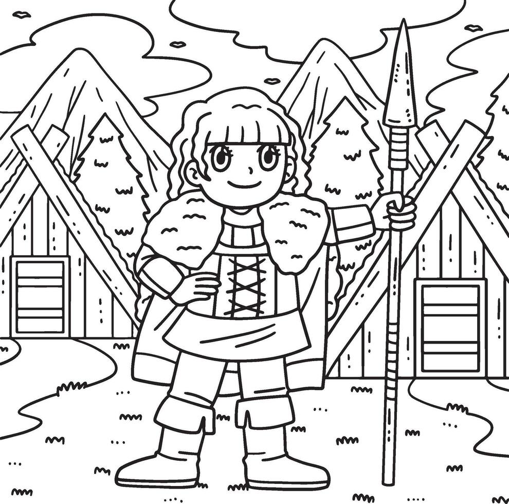 Viking with Spear Coloring Page for Kids vector