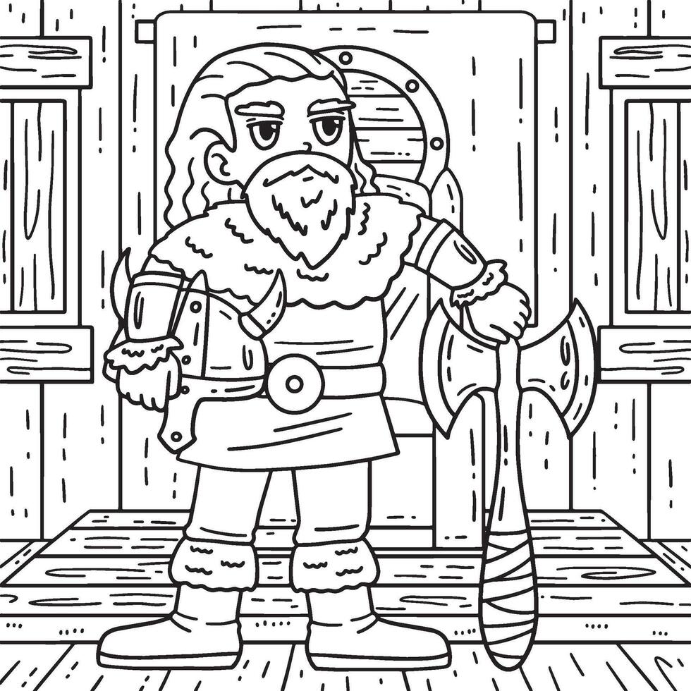 Viking Holding an Axe and Helmet Coloring Page vector
