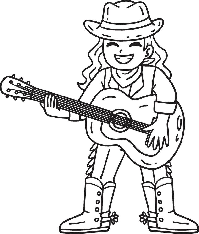 Cowgirl Playing Guitar Isolated Coloring Page vector