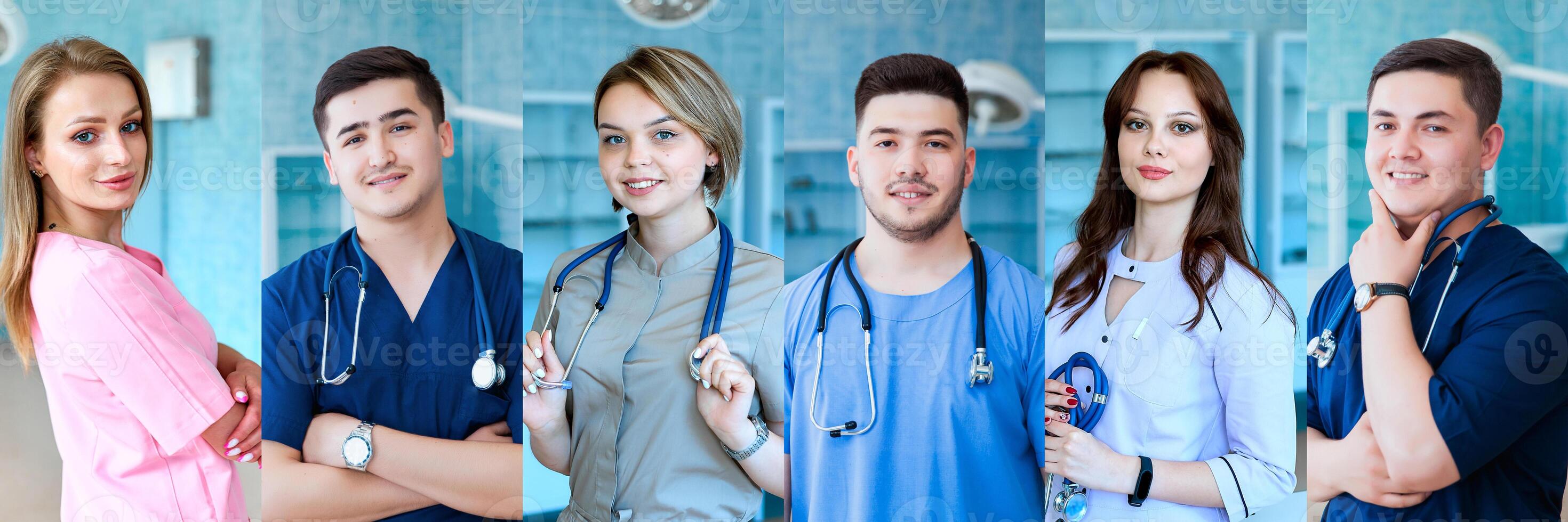 Collection of professional doctors portraits with smiling successful medical workers, physicians and nurses from different countries. Advertising banner, collage, panorama. photo