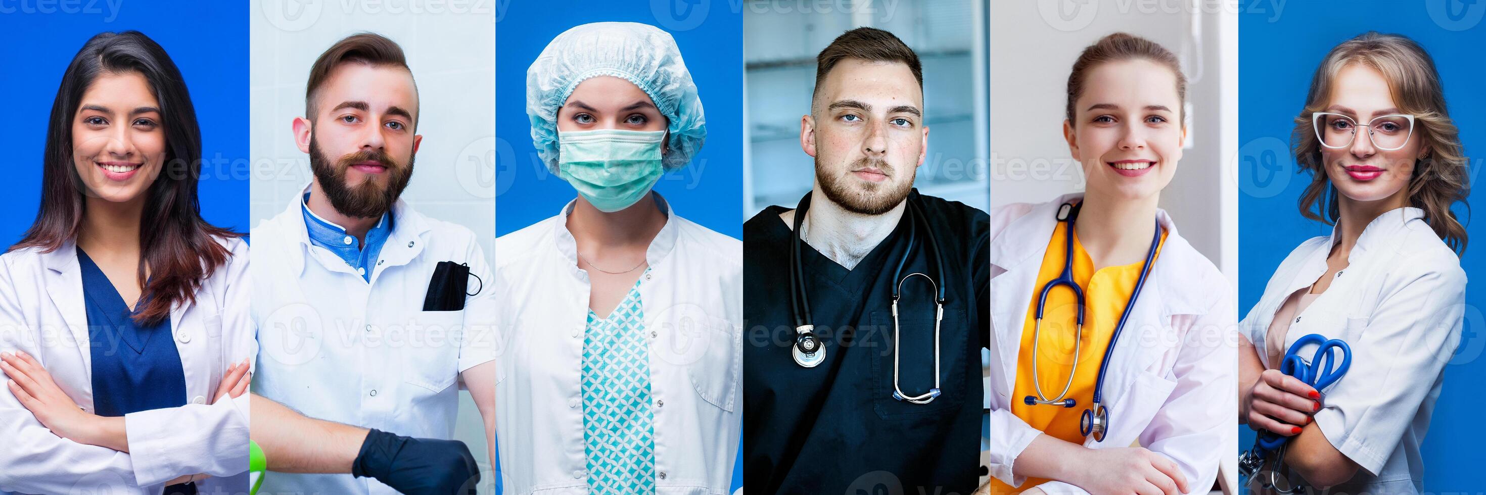 Collection of professional doctors portraits with smiling successful medical workers, physicians and nurses from different countries. Advertising banner, collage, panorama. photo