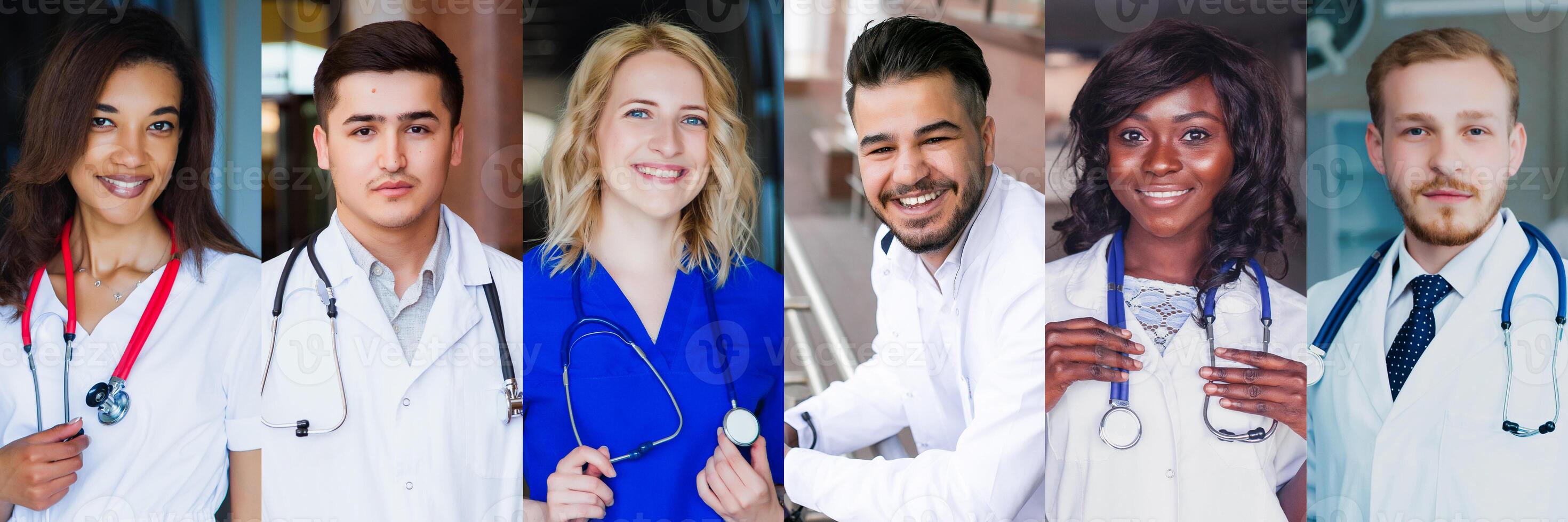 Collection of professional doctors portraits with smiling successful medical workers, physicians and nurses from different countries. Advertising banner, collage, panorama. photo