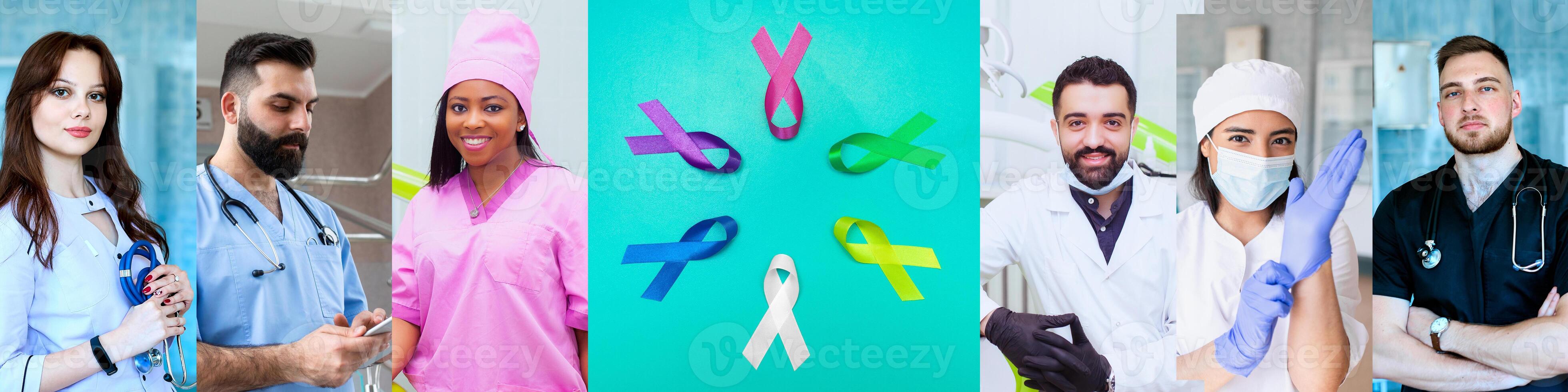 World cancer day background. Colorful ribbons, cancer awareness. blue surface from above. photo