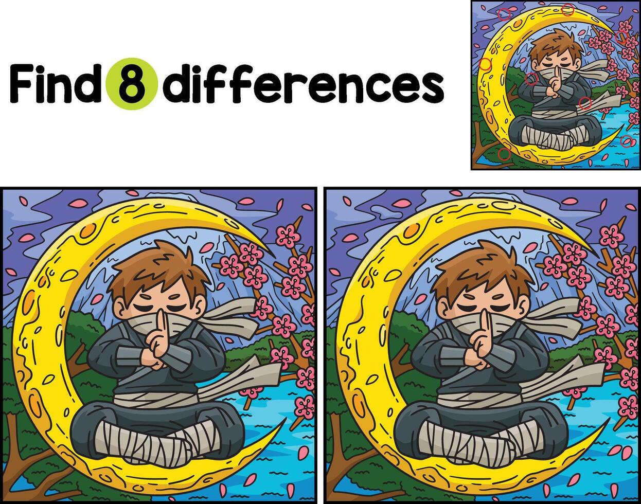 Ninja and Crescent Moon Find The Differences vector