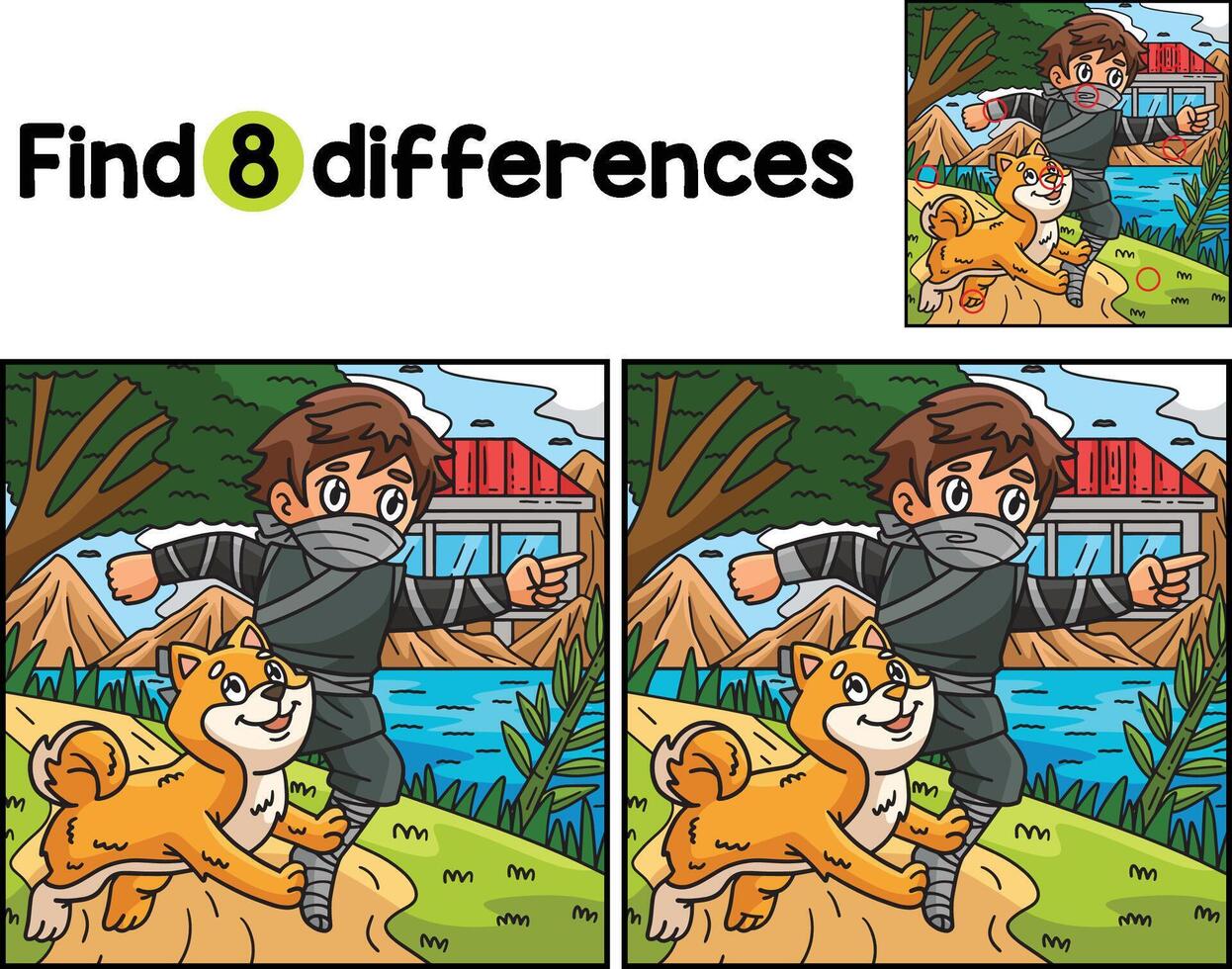 Ninja and Shiba Inu Find The Differences vector