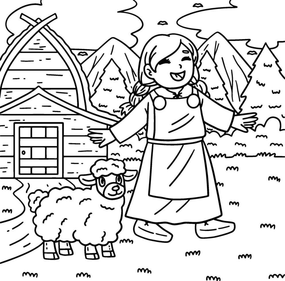 Viking Child with Sheep Coloring Page for Kids vector