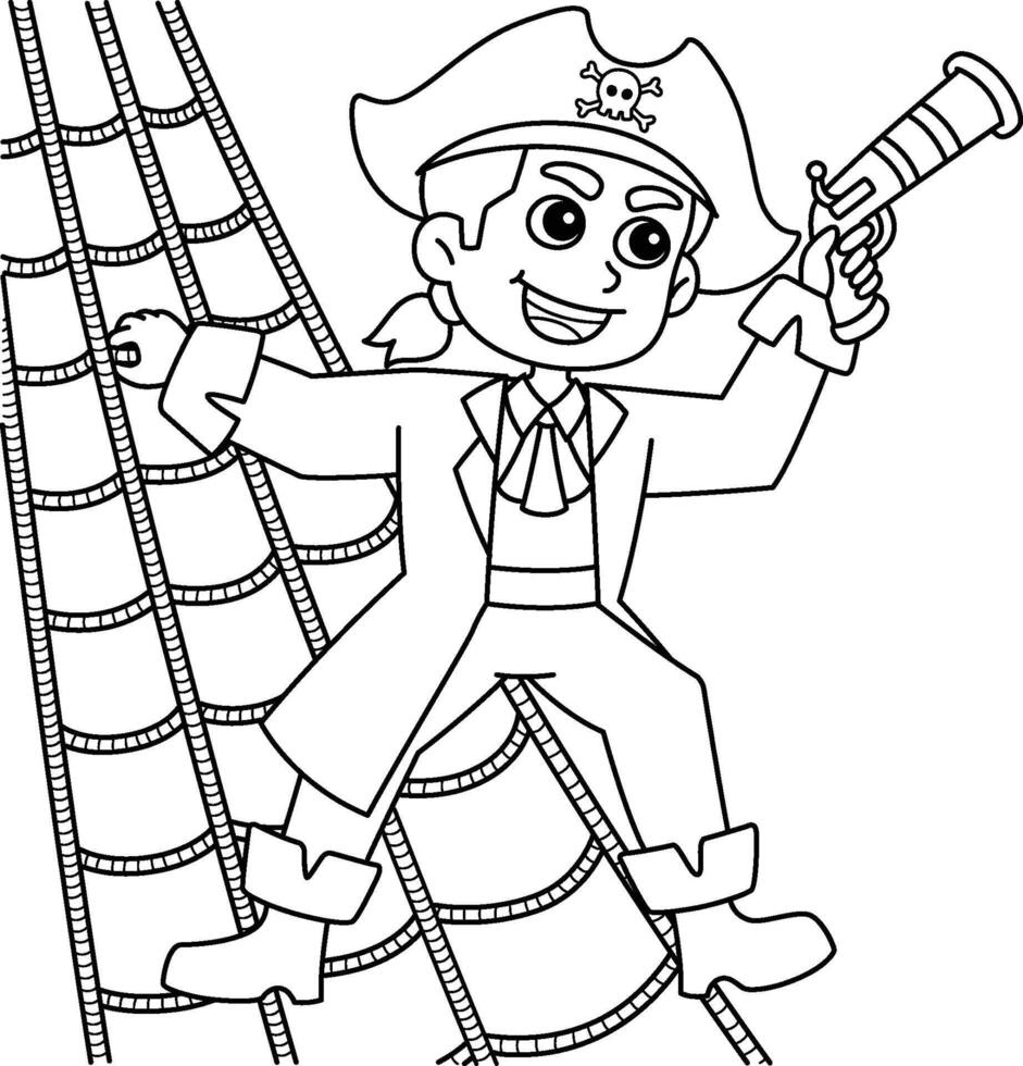 Pirate on a Rope Ladder Isolated Coloring Page vector