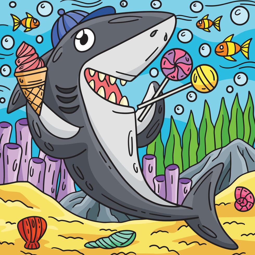 Shark with the Treat Colored Cartoon Illustration vector