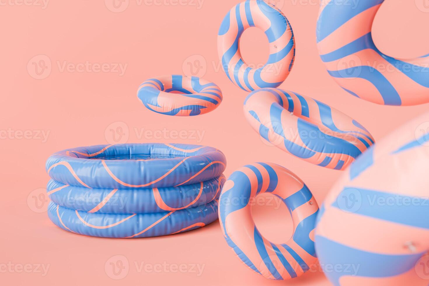 Inflatable Pool with Floating Blue and Red Inflatable Swim Rings on Coral Background photo