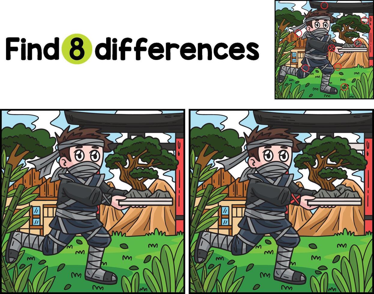 Ninja Carrying Bonsai Find The Differences vector