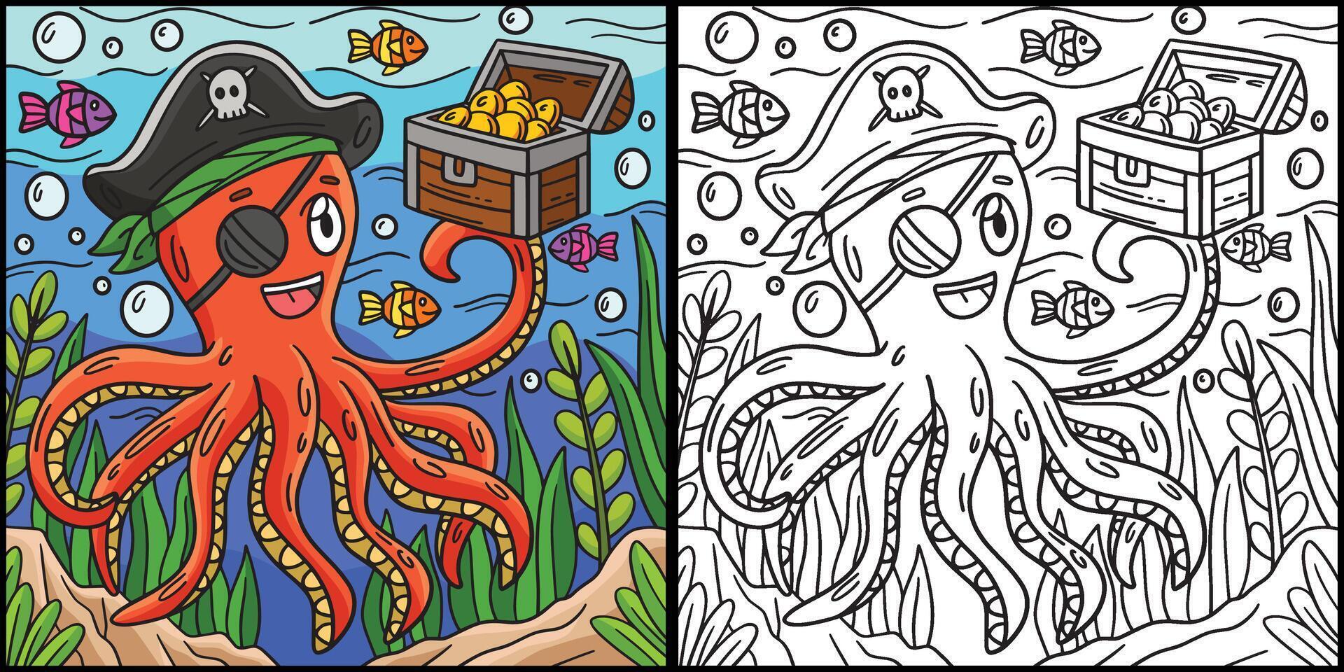 pirata pulpo participación cofre colorante ilustración vector