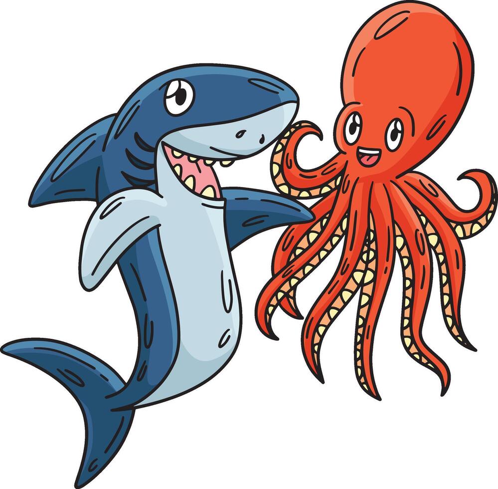 Shark and Octopus Cartoon Colored Clipart vector
