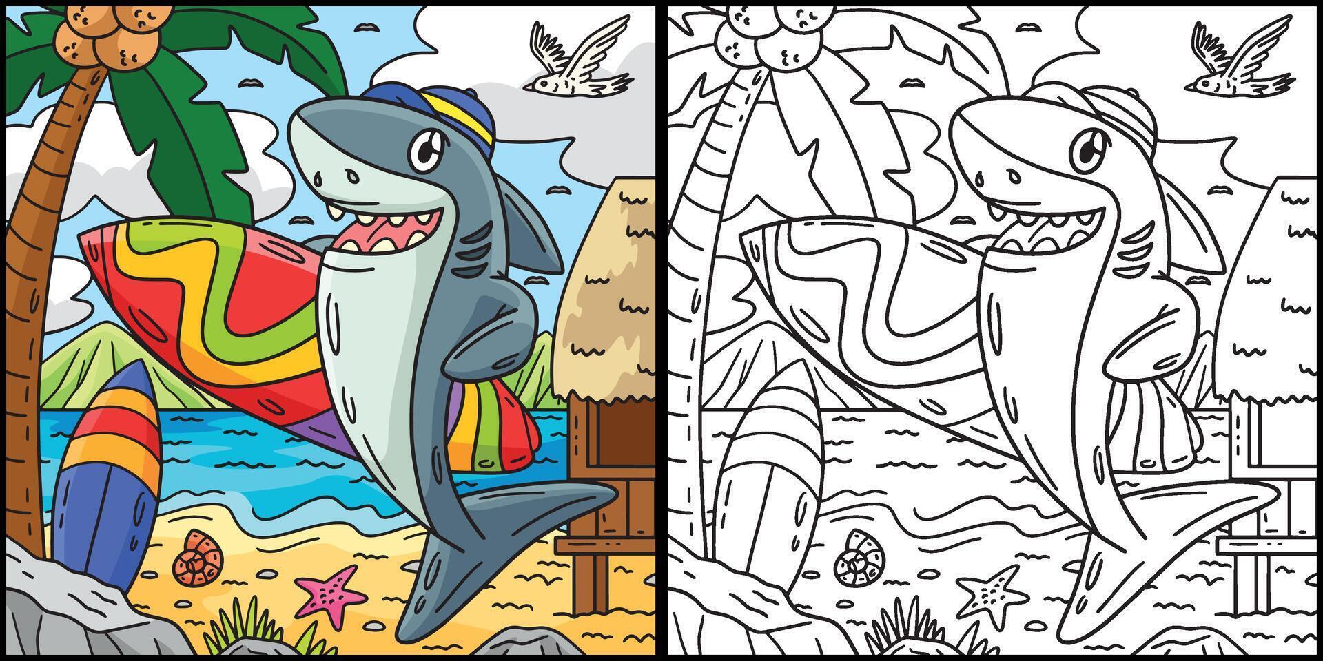 tiburón con tabla de surf colorante página ilustración vector