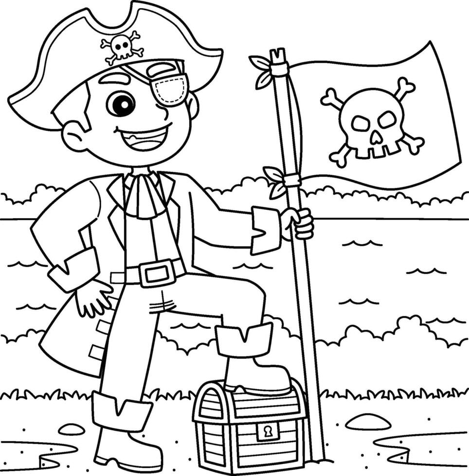Pirate with a Jolly Roger Flag Coloring Page vector