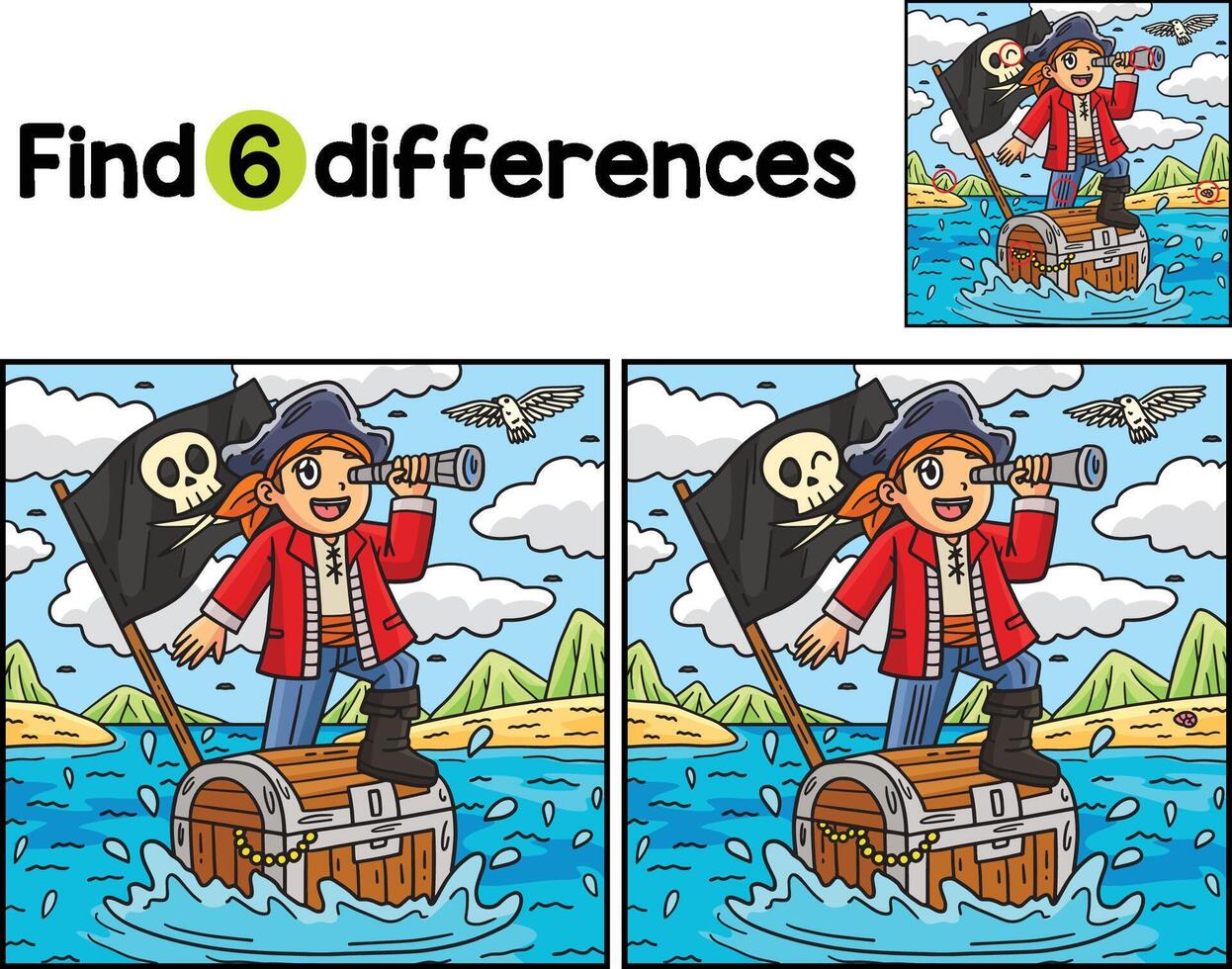 Pirate and Chest Floating Find The Differences vector