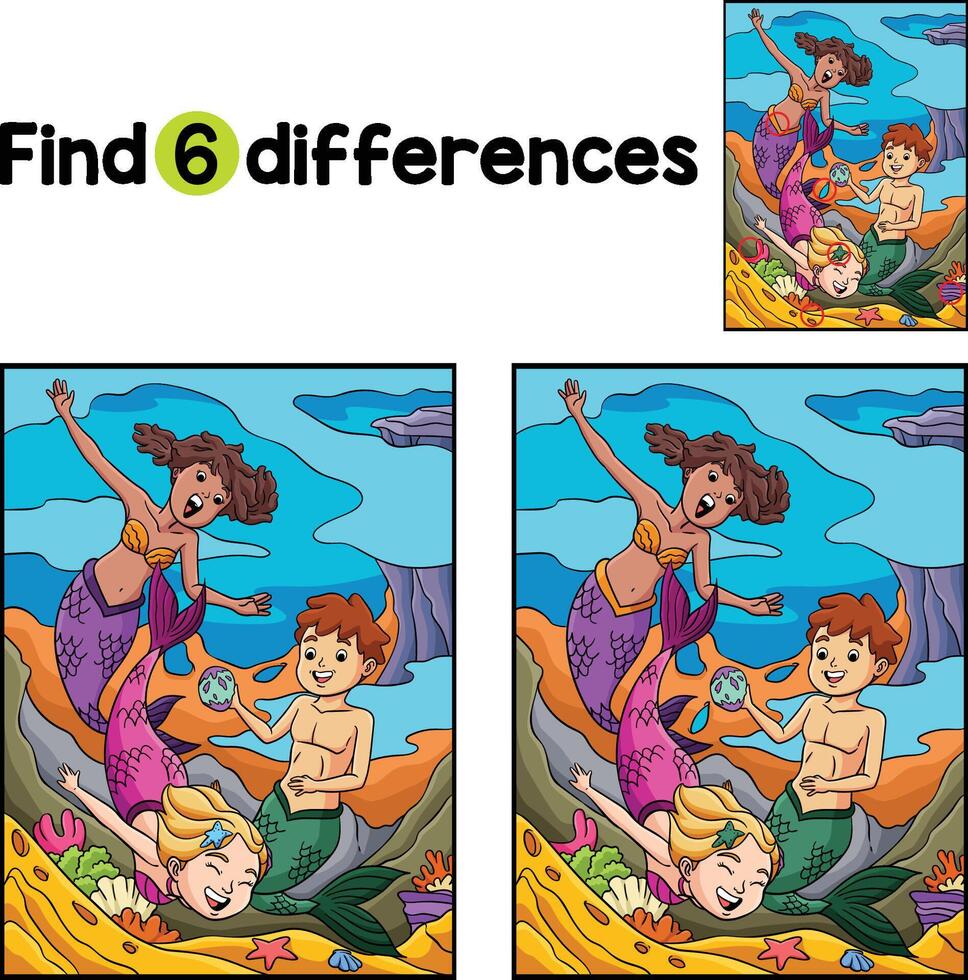 Mermaid and a Merman Playing Find The Differences vector